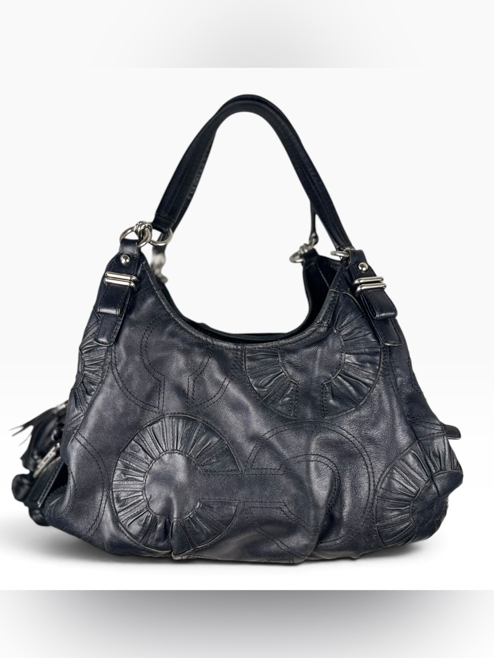 Coach Madison Maggie Op Art Black Leather Shoulder Bag Hobo Bag Silver Hang Tag